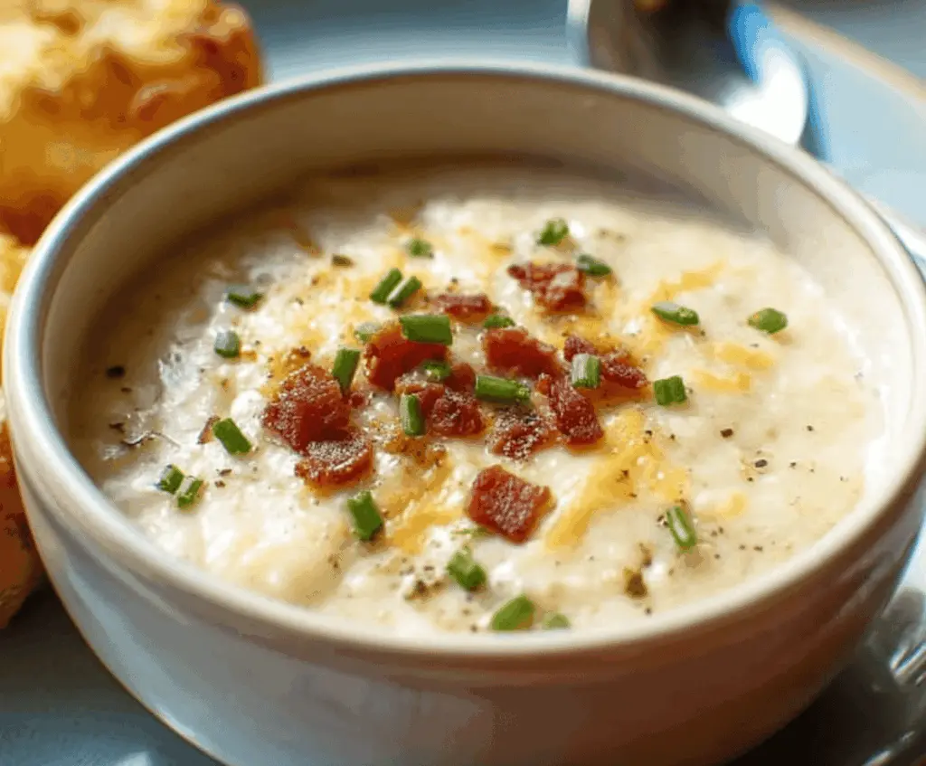 A steaming bowl of creamy baked potato soup topped with chopped green onions and crispy bacon bits, served in a rustic bowl with a spoon on a wooden table.