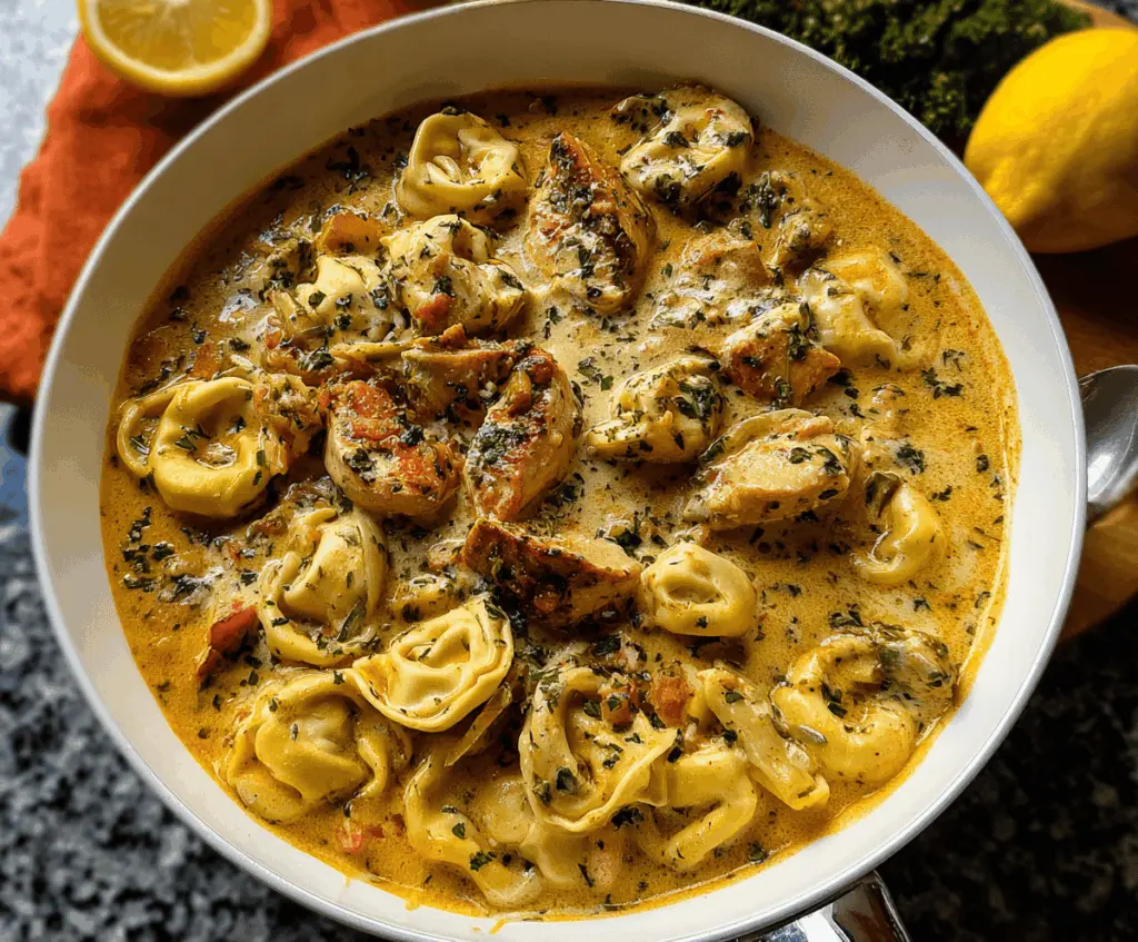 Creamy herb chicken tortellini in a rich sauce garnished with fresh herbs on a white plate
