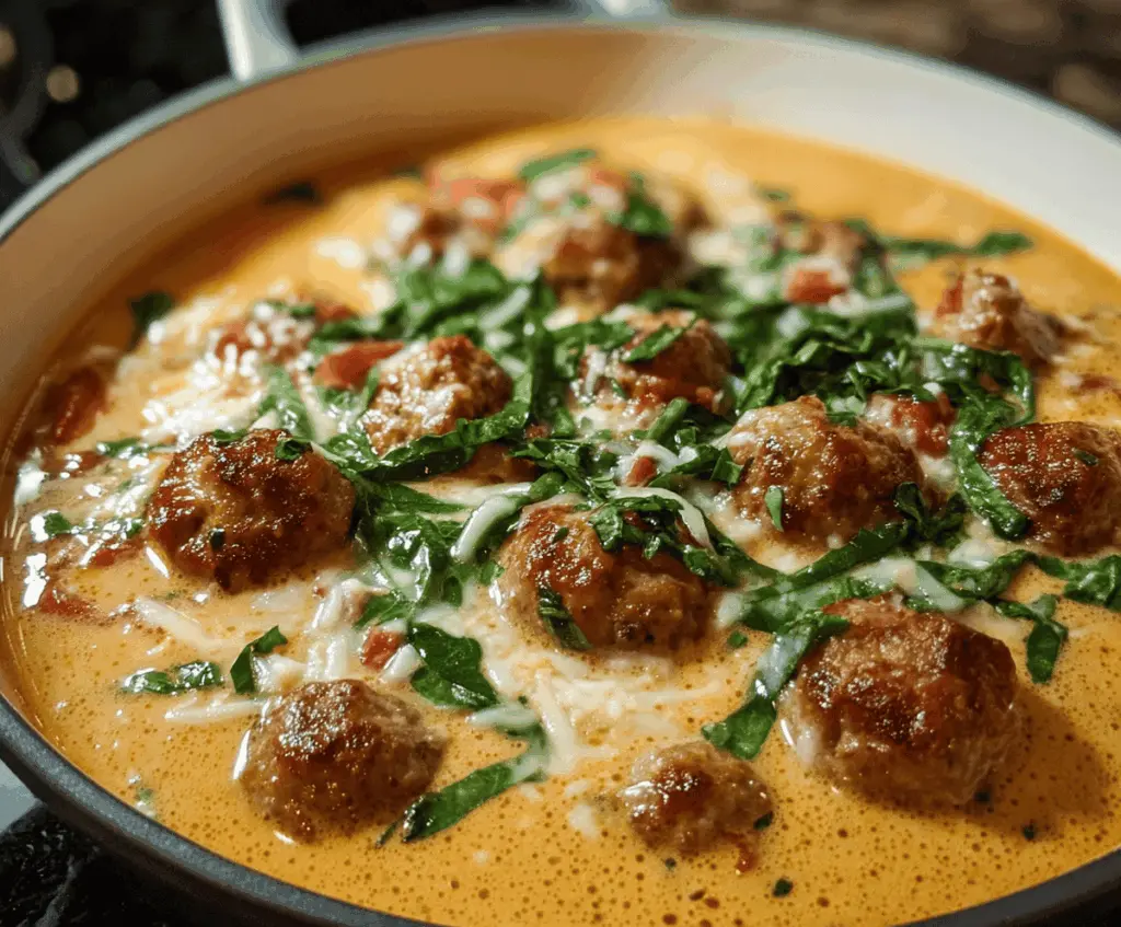 A bowl of creamy Italian meatball soup featuring flavorful meatballs, fresh herbs, vegetables, and a rich, creamy broth garnished with grated cheese and parsley.