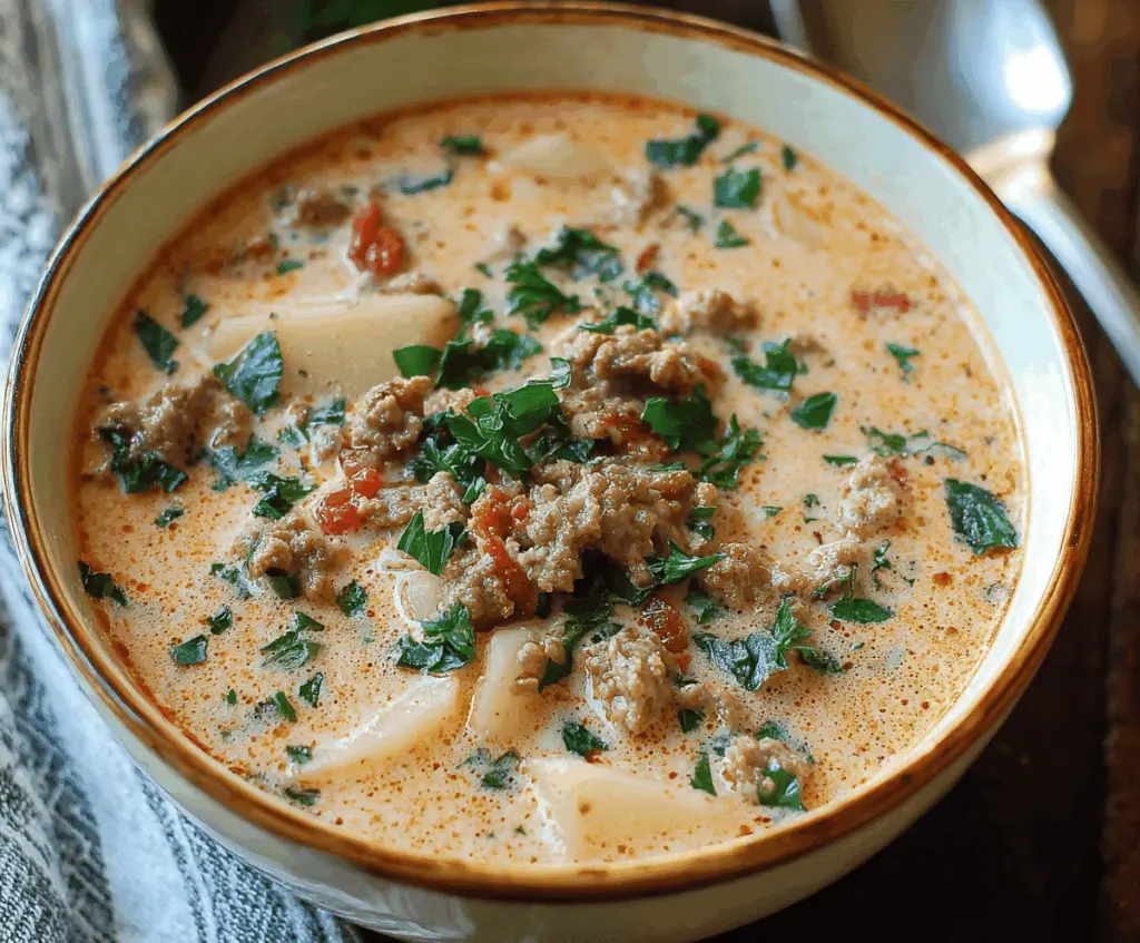 Creamy Italian sausage and potato soup in a bowl with garnishes, showcasing a hearty, comforting homemade meal