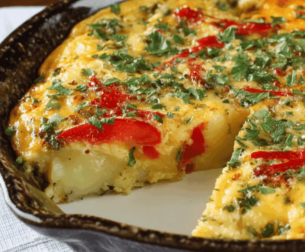 A delicious slice of easy potato and pepper frittata topped with fresh herbs, served on a white plate.