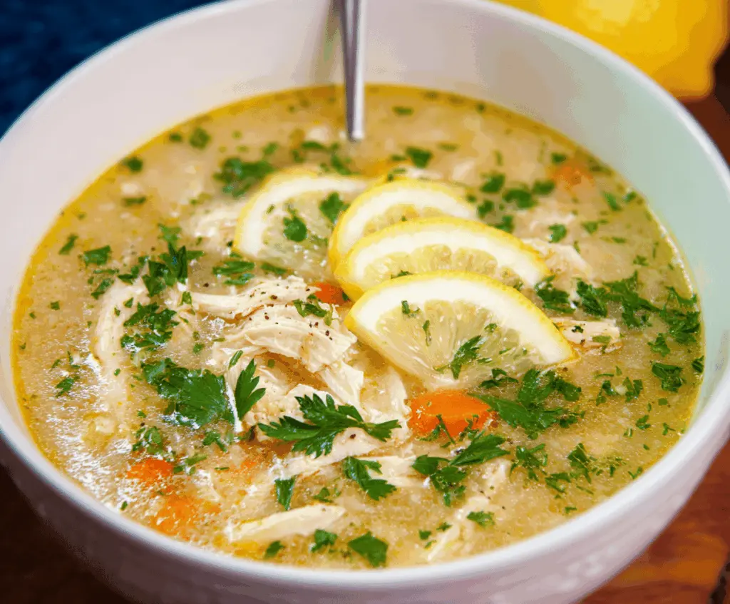 Creamy Greek Lemon Chicken Soup with tender shredded chicken, fresh herbs, and a zesty lemon broth in a bowl.