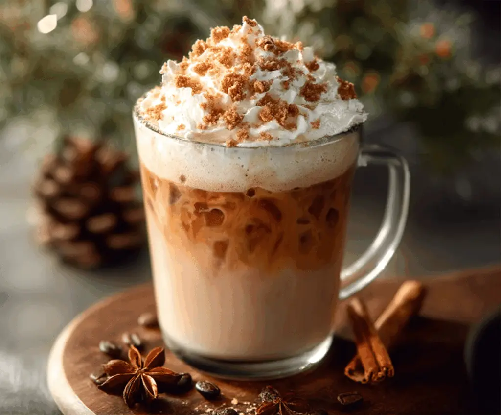 Refreshing Iced Apple Crisp Cream Chai Latte in a glass garnished with apple slices and cinnamon stick, topped with whipped cream and a sprinkle of cinnamon, perfect for fall refreshment.