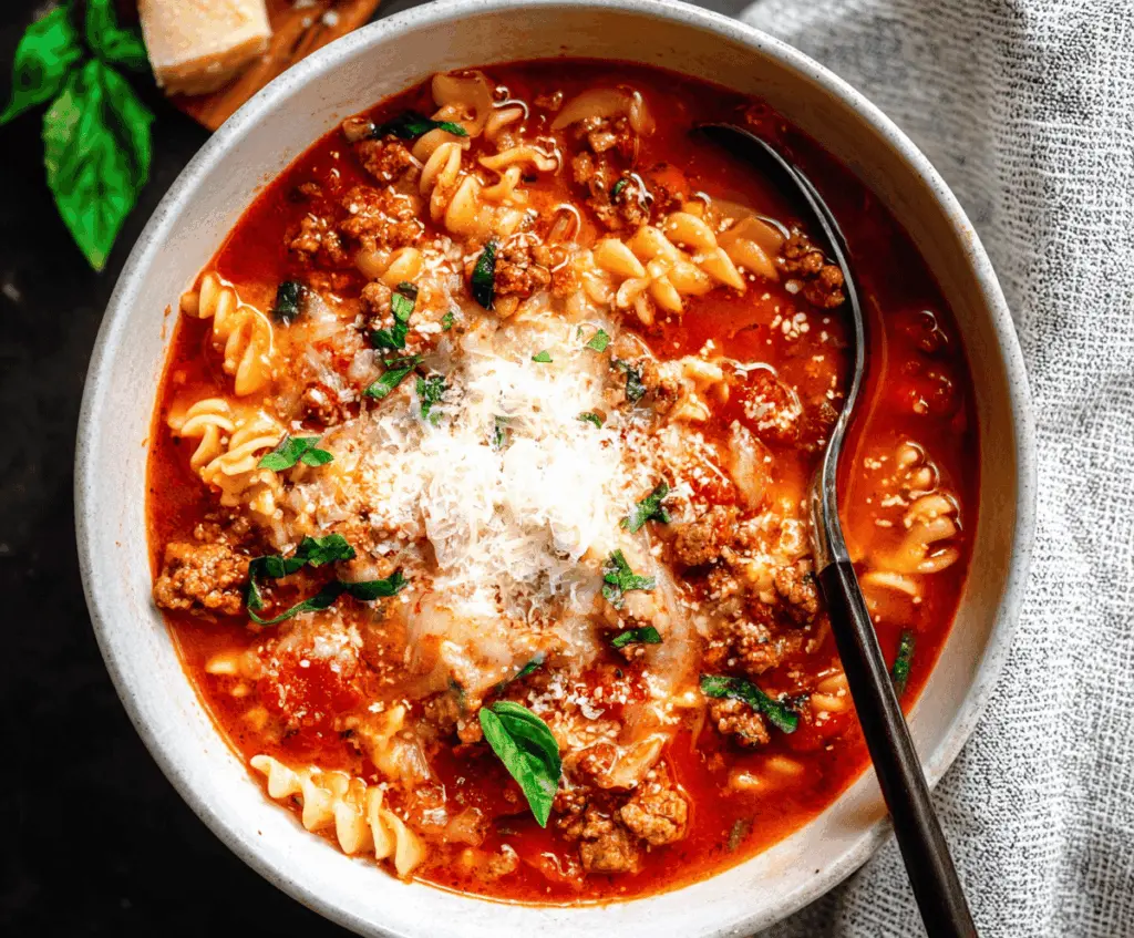 A bowl of Italian Sausage Lasagna Soup garnished with melted cheese, fresh herbs, and served with garlic bread on the side.