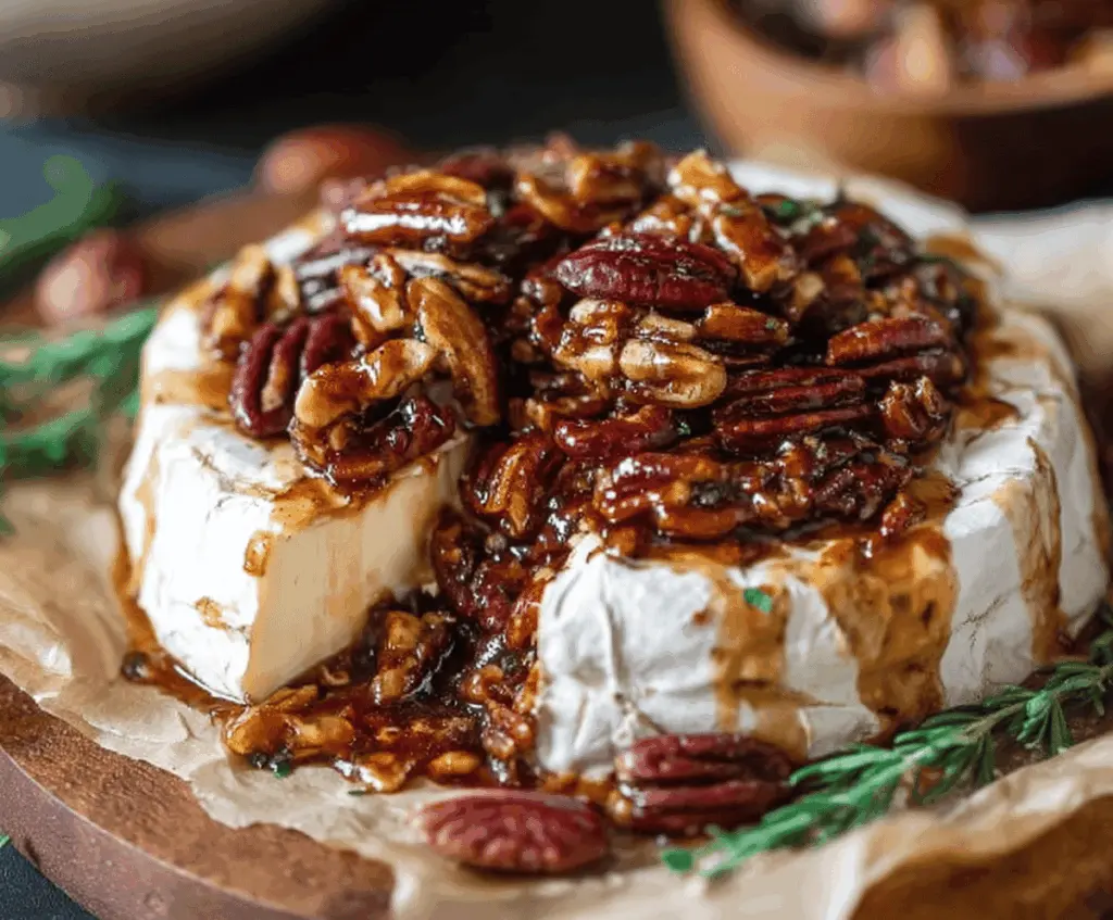 Creamy baked Brie topped with caramelized maple pecans and honey, served on a rustic wooden platter, perfect for holiday appetizers.