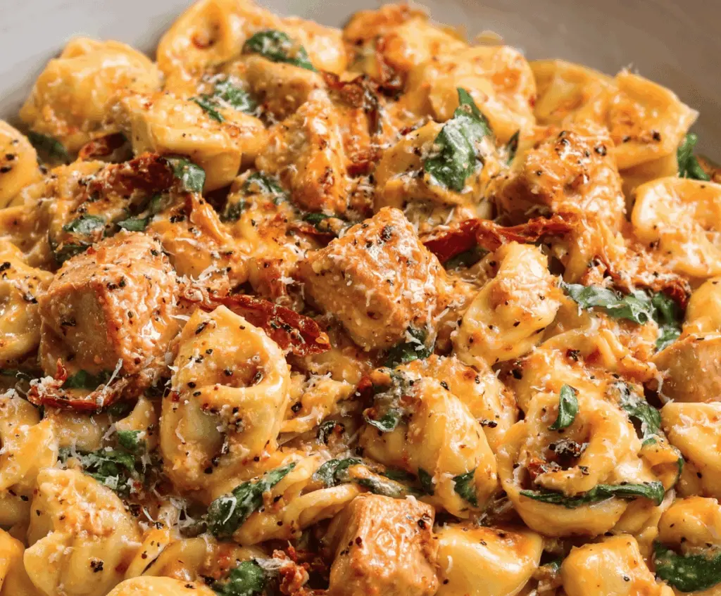 Creamy Marry Me Chicken Tortellini dish with tender tortellini, fresh herbs, and melted cheese in a flavorful sauce.