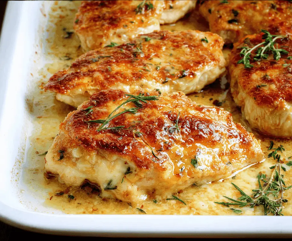 Juicy, tender melt-in-your-mouth chicken fillets cooked to perfection, served on a plate with herbs and lemon slices