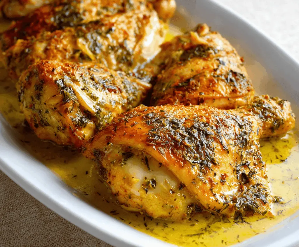 Juicy mustard-herb baked chicken served with fresh herbs and roasted vegetables on a white plate.