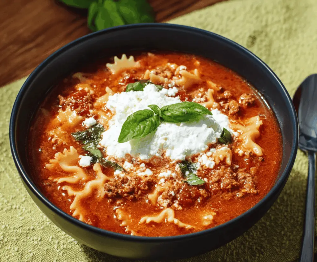 Creamy one-pot lasagna soup topped with ricotta cheese, fresh basil, and melted cheese in a serving bowl