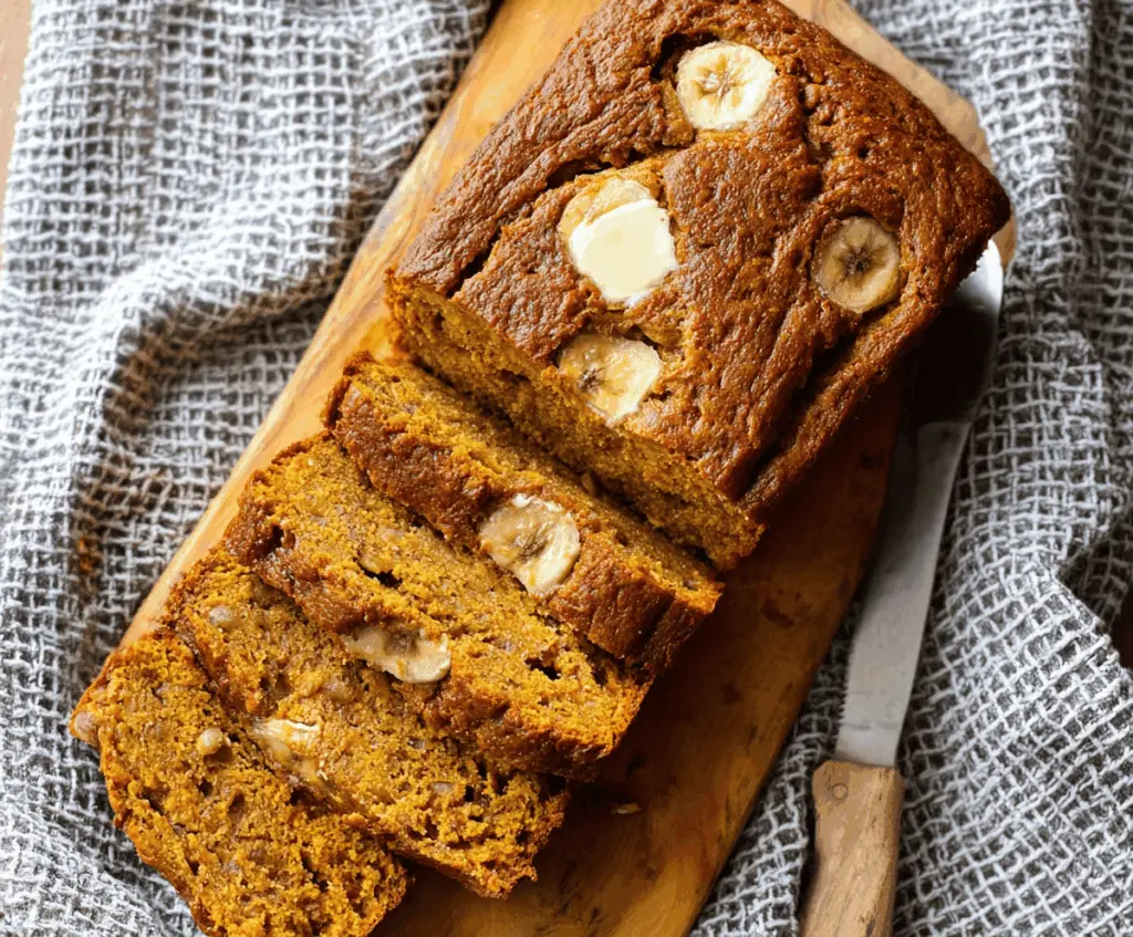 Delicious homemade pumpkin banana bread with a moist texture, topped with walnuts and fresh pumpkin slices, perfect for fall baking