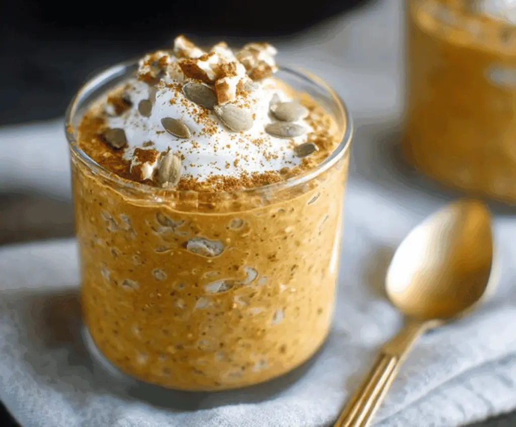 Creamy Pumpkin Pie Overnight Oats topped with whipped cream and cinnamon, perfect for a healthy and delicious breakfast in autumn.