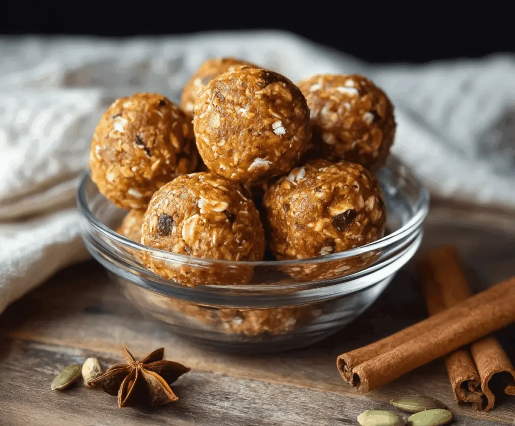Healthy Pumpkin Spice Energy Bites with oats, nuts, and spices on a white plate