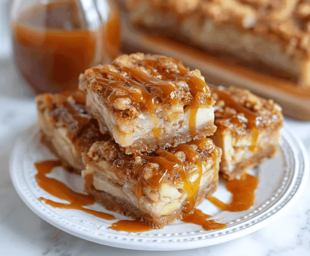Delicious salted caramel apple bars with a golden crust, gooey caramel, and sliced fresh apples on top, perfect for fall desserts