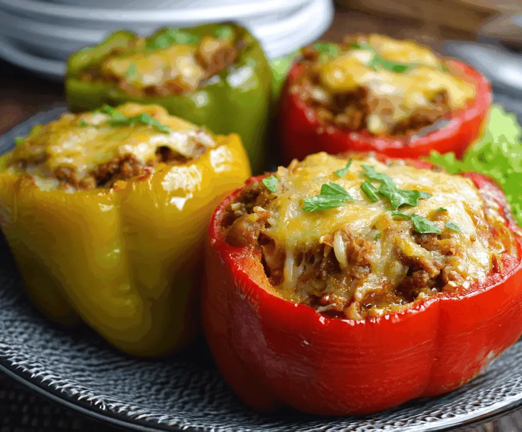 Delicious slow cooker beef stuffed peppers topped with melted cheese and fresh herbs on a plate