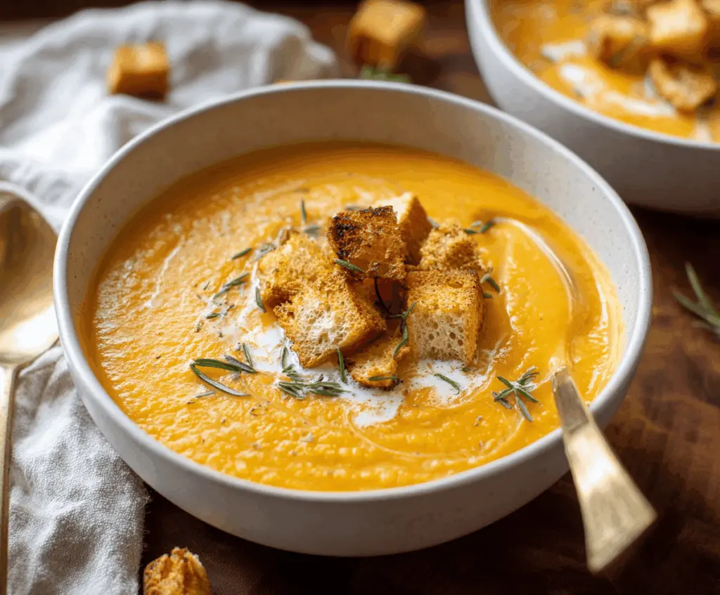 Creamy smooth roasted vegetable soup garnished with fresh herbs in a white bowl, served with crusty bread on a rustic table.