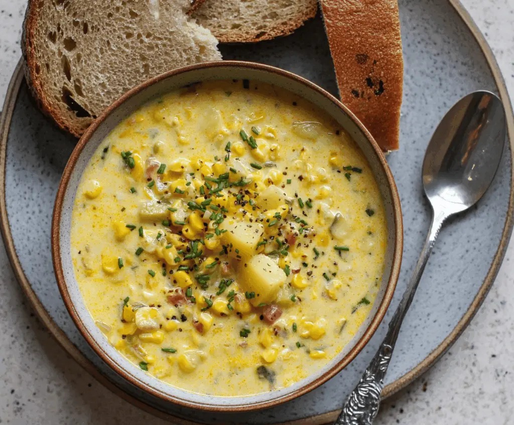 Creamy sweet corn and potato chowder in a bowl garnished with fresh herbs, perfect for a comforting meal
