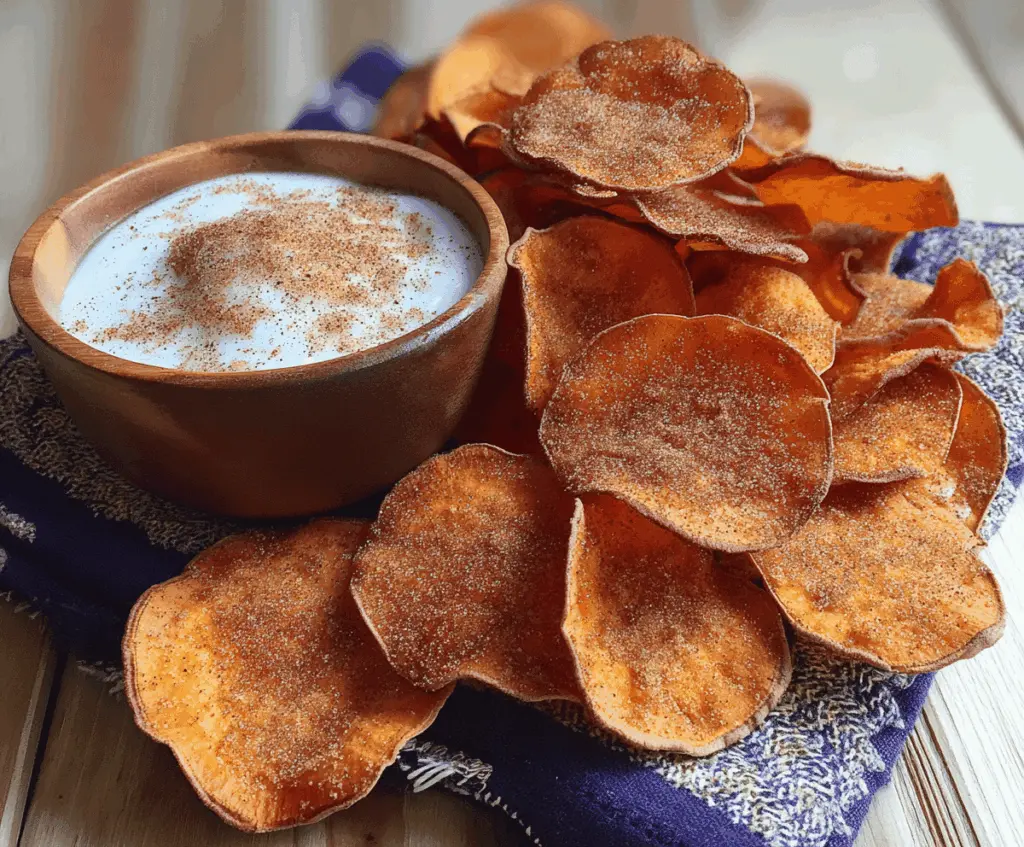 Golden crispy sweet potato chips coated in cinnamon sugar, served as a delicious and healthy snack.