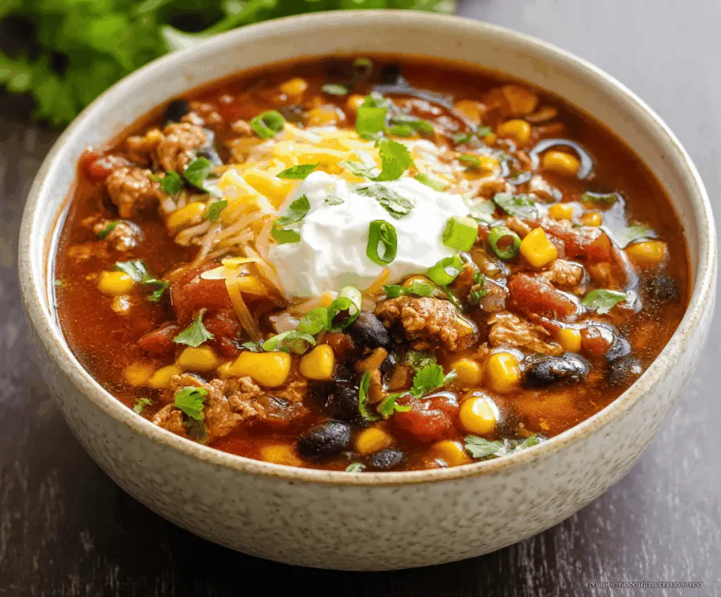 Delicious homemade taco soup served in a bowl, topped with shredded cheese, fresh cilantro, and diced tomatoes, perfect for a comforting meal
