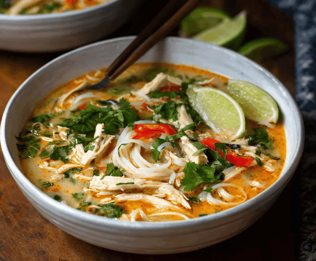 Warm bowl of Thai chicken noodle soup with tender chicken, rice noodles, fresh herbs, and spicy broth