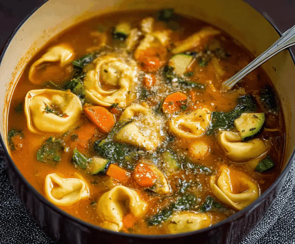 Hearty vegetable tortellini soup in a bowl with fresh herbs and colorful vegetables, perfect for a comforting meal.