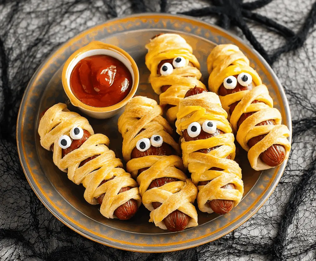 Delicious Halloween mummy hot dogs wrapped in pastry with candy eye decorations, perfect for a spooky party snack