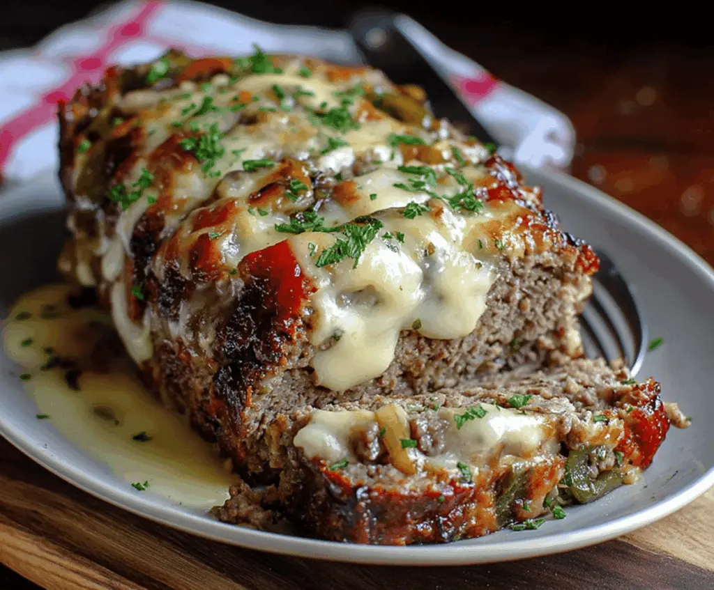 Delicious cheesy Philly cheesesteak meatloaf plated with melted cheese, tender meat, and fresh herbs.