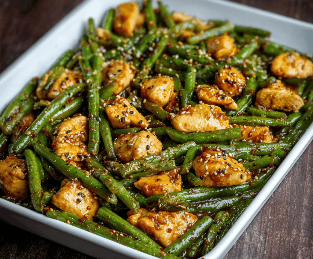 Delicious homemade chicken and green bean stir-fry, better than takeout, featuring tender chicken pieces and vibrant green beans in a savory sauce