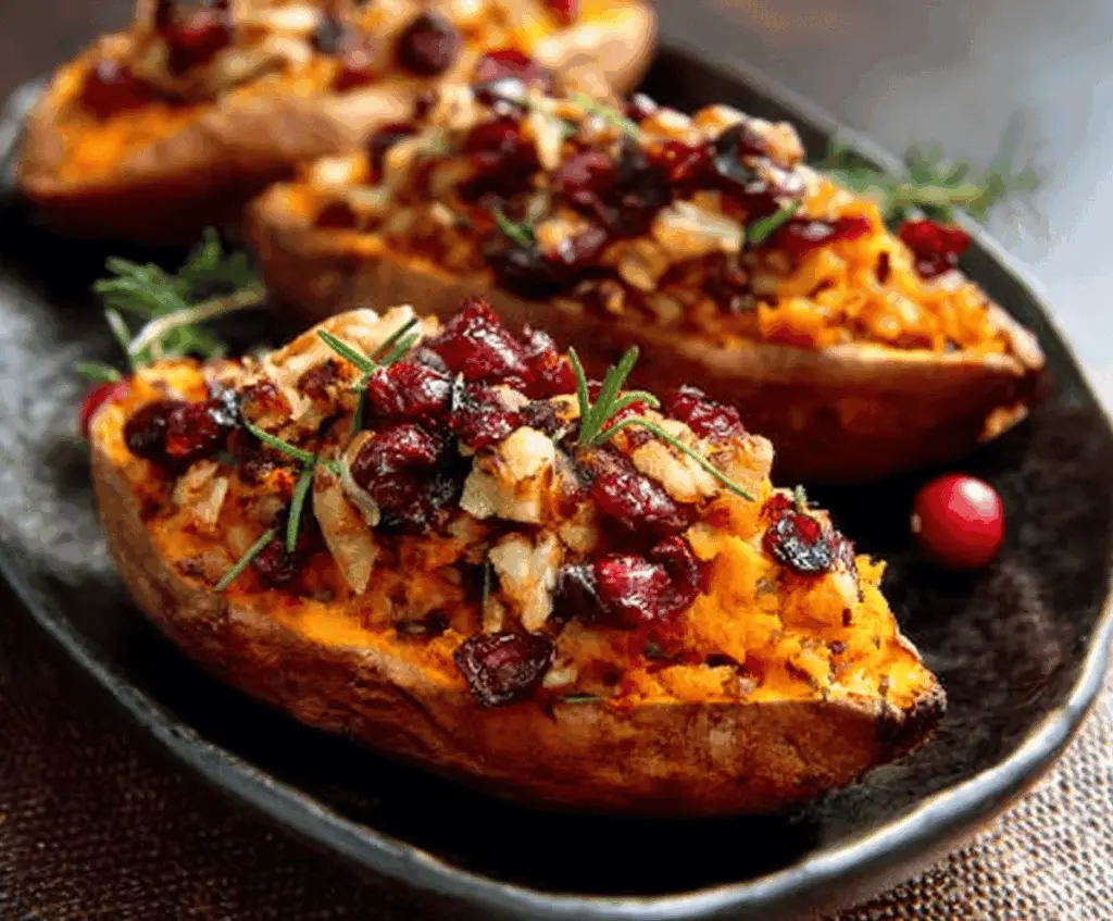 Delicious cranberry apple twice-baked sweet potatoes garnished with fresh herbs on a rustic plate.