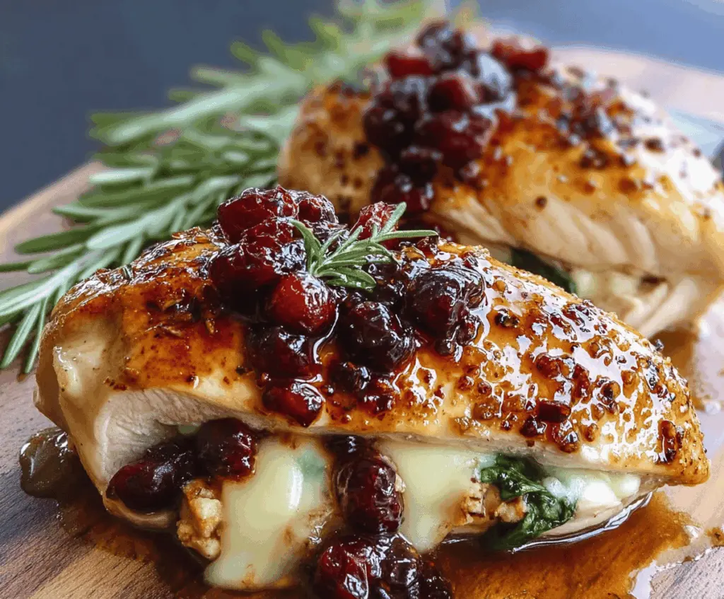 Juicy stuffed chicken breast filled with creamy Brie cheese and fresh cranberries, garnished with herbs for a delicious Cranberry Brie Stuffed Chicken recipe.