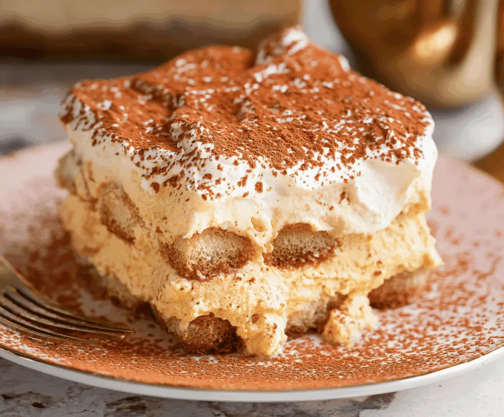 Creamy pumpkin spice tiramisu served in a glass dish with whipped cream and cinnamon, perfect for fall dessert