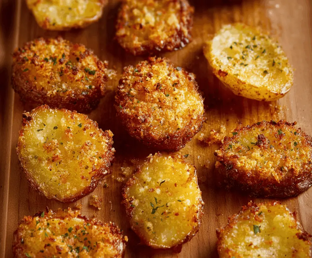 Golden crispy Parmesan smashed potatoes garnished with fresh herbs, served as a delicious side dish
