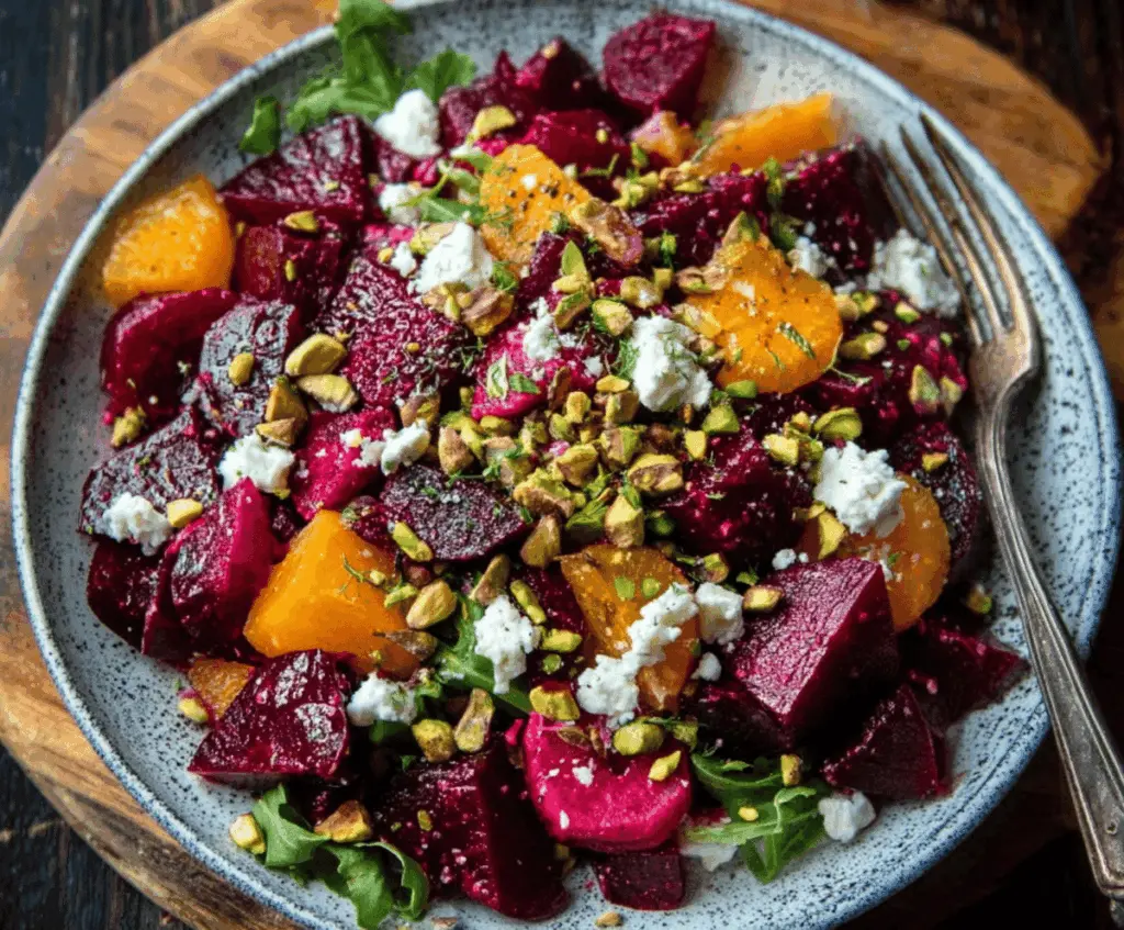 Fresh beet feta pistachios salad served in a bowl, colorful and healthy ingredients, perfect for a light meal or side dish.