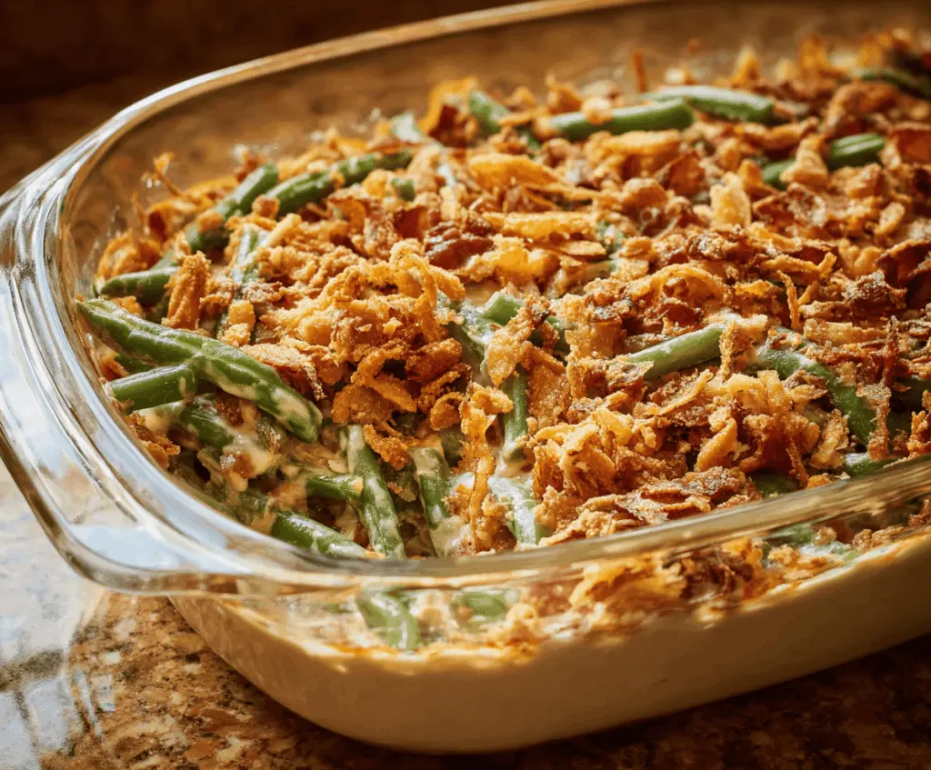 Delicious homemade green bean casserole topped with crispy fried onions, served in a baking dish for a classic holiday side dish.