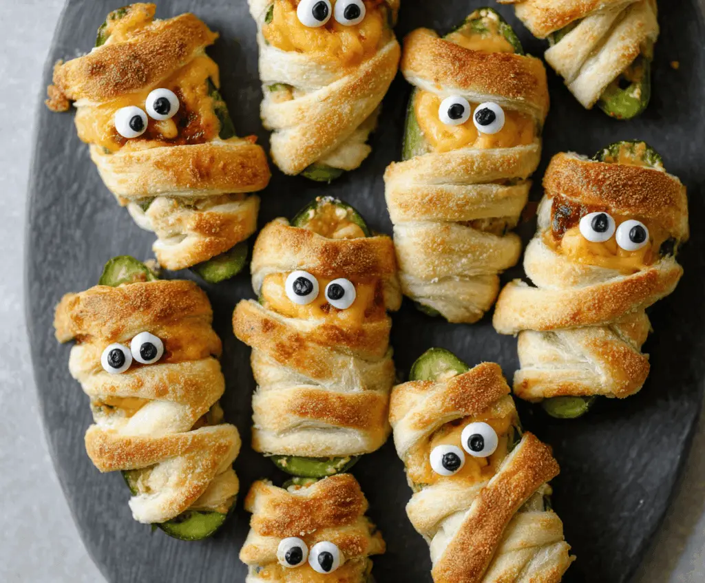 Delicious Halloween Jalapeño Popper Mummies with melted cheese and spooky mummy wrapping on a platter