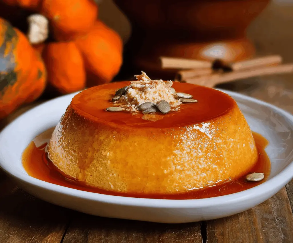 Delicious homemade pumpkin flan topped with caramel sauce, served on a white plate, perfect for fall desserts.