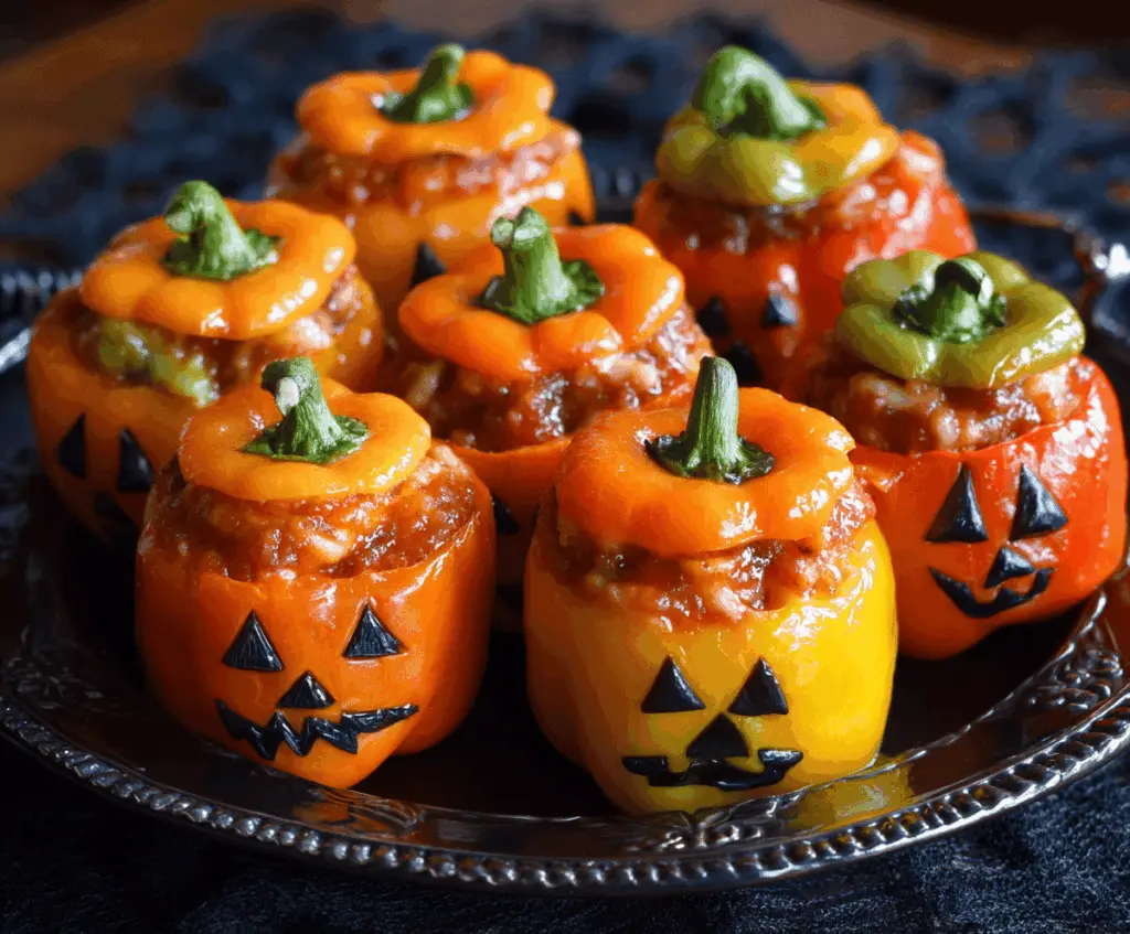 Mini Jack-O’-Lantern Stuffed Peppers filled with savory ingredients, featuring carved orange peppers with cute pumpkin faces, perfect for Halloween-themed appetizers.