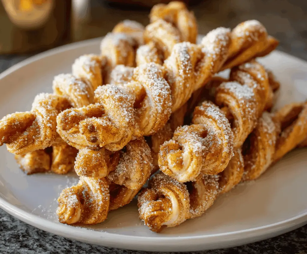 Golden Pumpkin Pie Twists on a baking sheet topped with sugar and cinnamon, ready to enjoy as a festive fall dessert or snack.