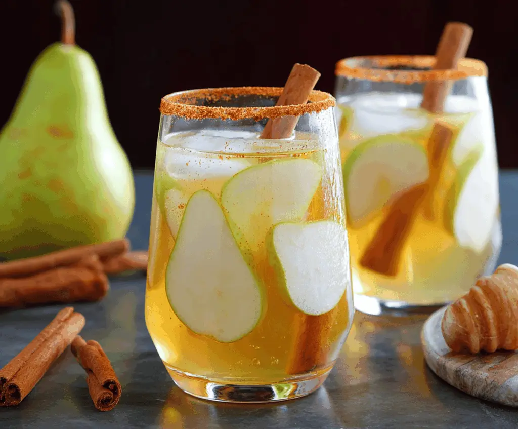 Refreshing spiced pear sangria with cinnamon sticks and honey, featuring sliced pears, citrus fruits, and colorful sangria in a glass pitcher.