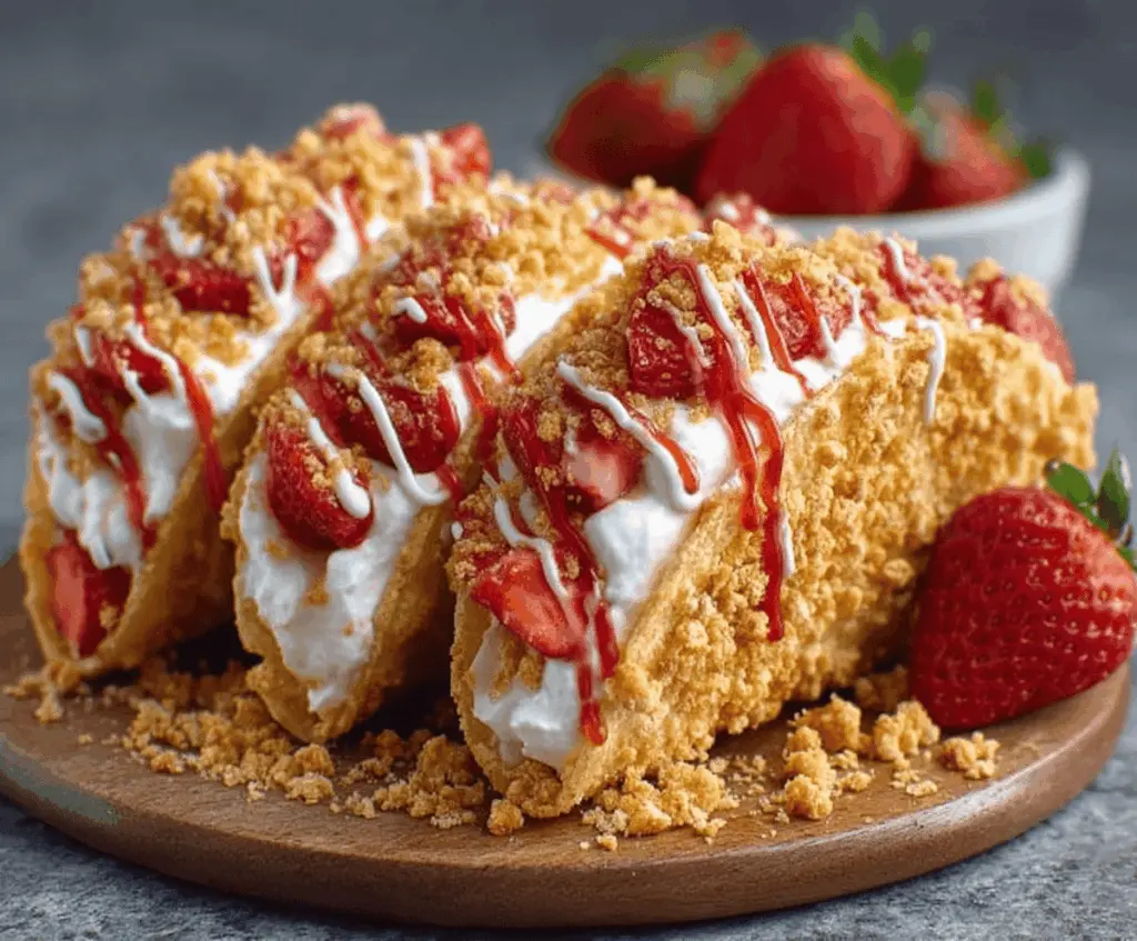 Delicious strawberry crunch cheesecake tacos with fresh strawberries, creamy cheesecake filling, and crispy taco shells topped with crunchy strawberry topping and whipped cream.