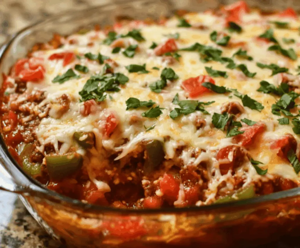 Delicious Stuffed Pepper Casserole topped with melted cheese, featuring colorful bell peppers, ground meat, and savory seasonings, served in a baking dish.