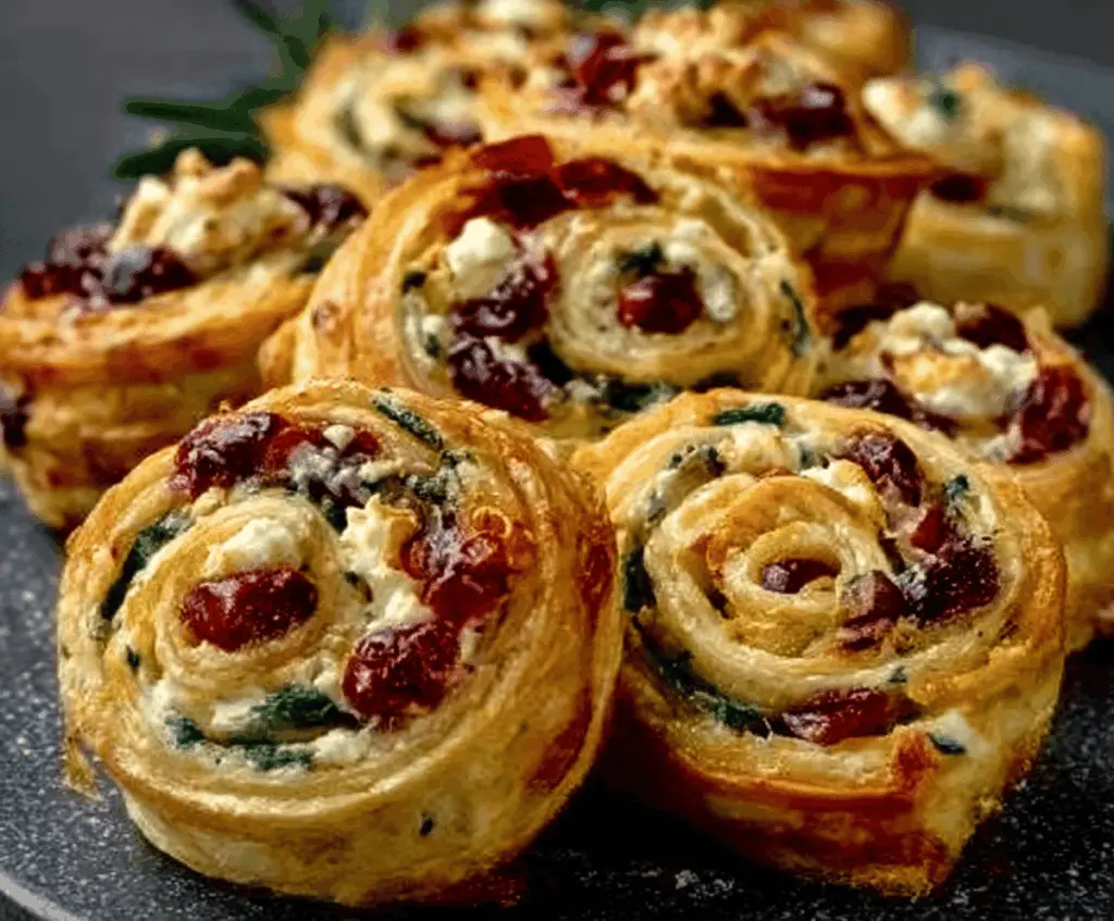 Delicious Christmas Cranberry Feta Pinwheels served on a festive platter, perfect appetizer for holiday gatherings.