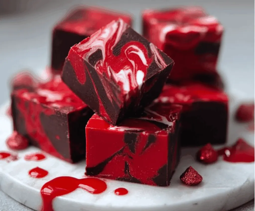 Creamy vampire-themed fudge with red and black decorative toppings, perfect for Halloween treats
