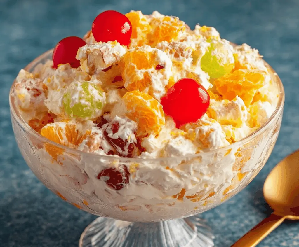Colorful ambrosia salad with marshmallows and fruit in a glass bowl, a refreshing dessert for gatherings.