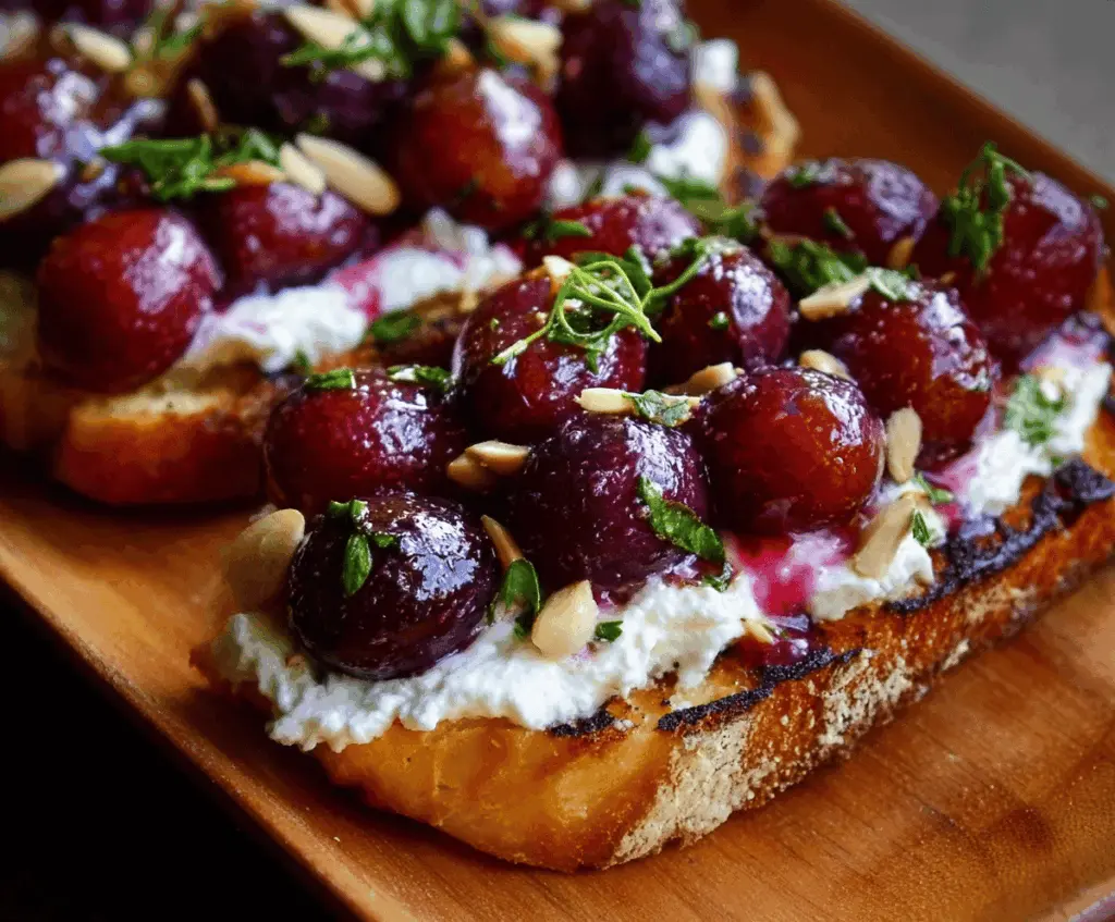 Delicious baked grapes and whipped feta on crispy bruschetta for a flavorful appetizer.