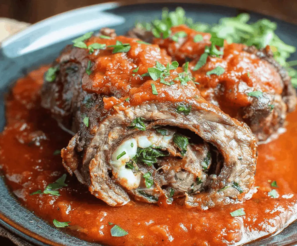 Delicious Beef Braciole rolled with herbs and cheese, served on a rustic plate.