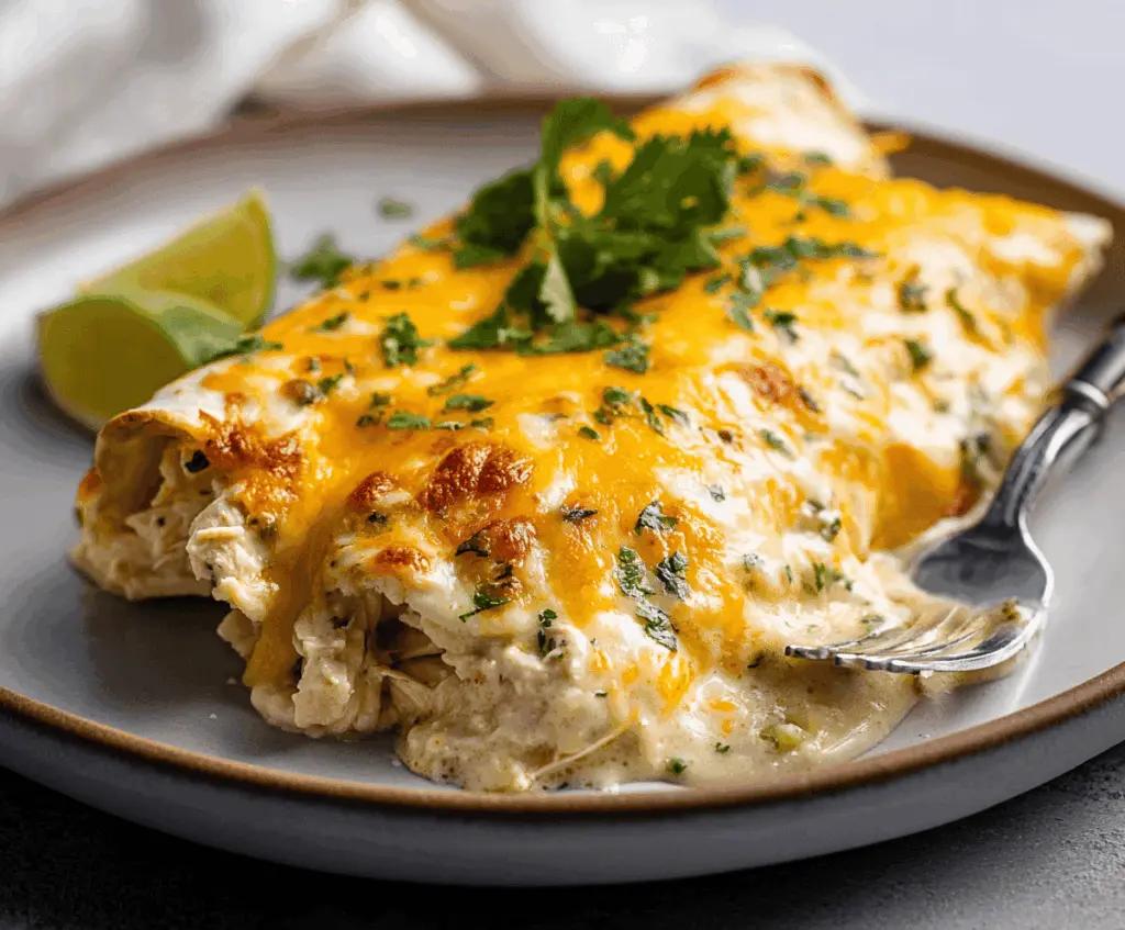 Delicious cheesy chicken enchiladas with creamy sauce served on a plate.