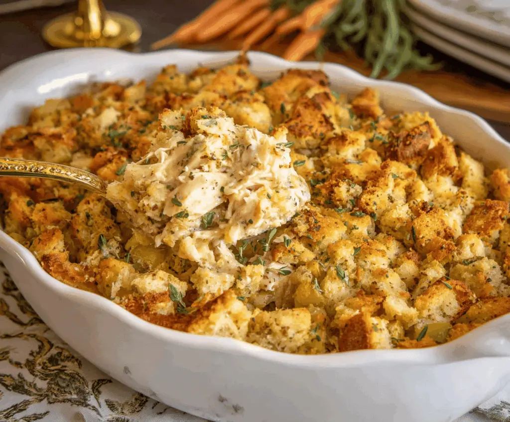 Delicious Chicken Stuffing Casserole topped with golden breadcrumbs and fresh herbs.