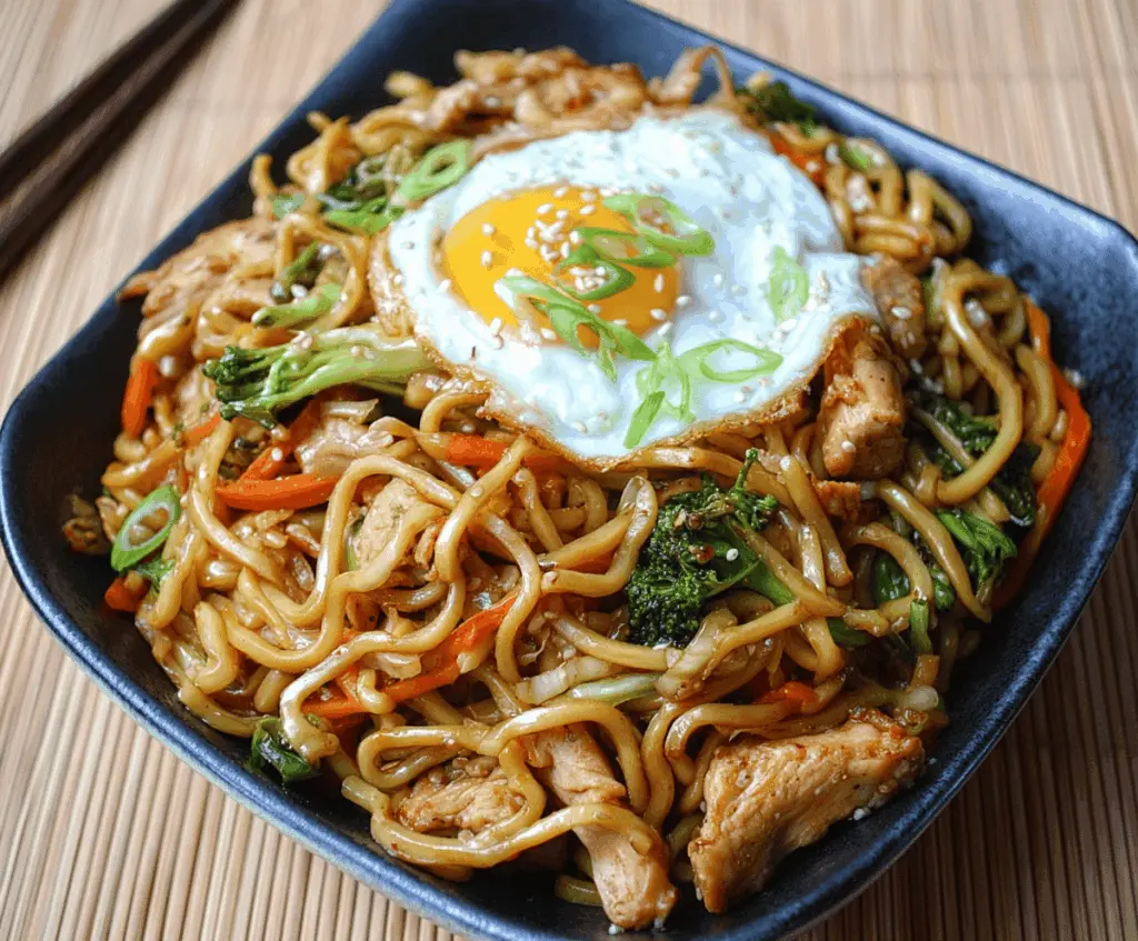 Savory Chicken Yakisoba stir-fried noodles with vegetables and tender chicken pieces on a plate.