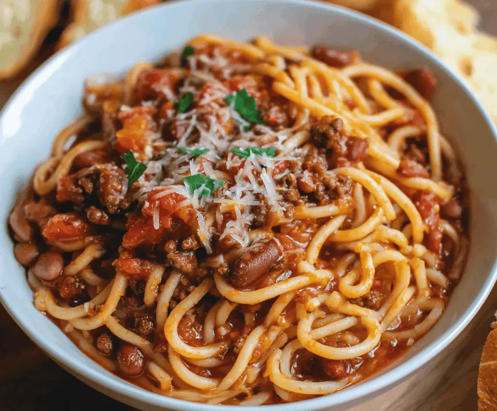 Delicious chili spaghetti served on a plate with melted cheese and fresh herbs.