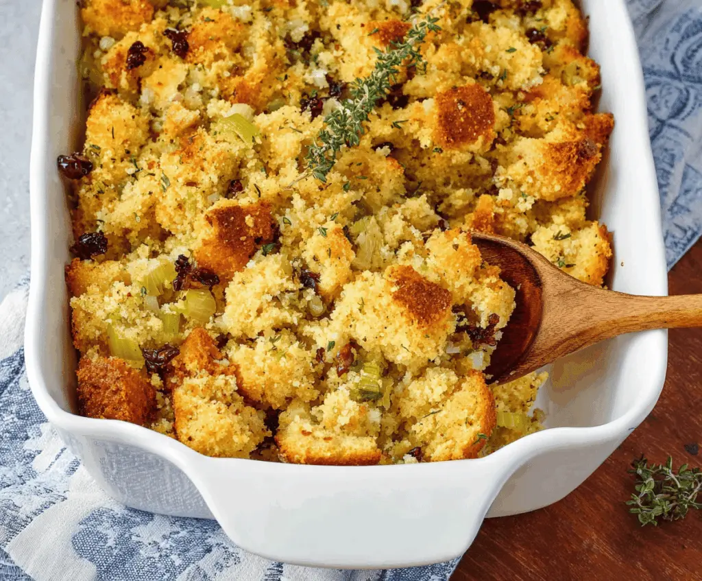 Delicious homemade cornbread stuffing served on a festive table.